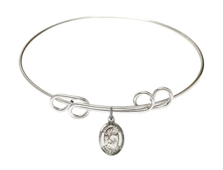 8 inch Round Double Loop Rhodium Bangle Bracelet with a Sterling Silver Saint Kevin charm. Engraved Catholic Saint Jewelry