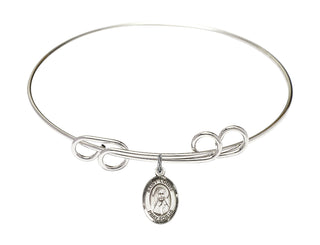 8 inch Round Double Loop Rhodium Bangle Bracelet with a Sterling Silver Saint Louise de Marillac charm. Engraved Catholic Saint Jewelry