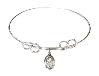 8 inch Round Double Loop Rhodium Bangle Bracelet with a Sterling Silver Saint Philomena charm. Engraved Catholic Saint Jewelry