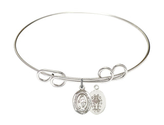 8 inch Round Double Loop Rhodium Bangle Bracelet with a Sterling Silver Miraculous charm. Engraved Catholic Saint Jewelry