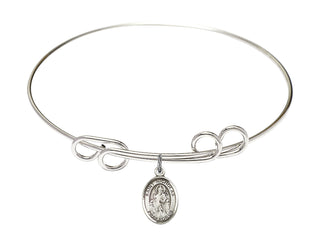 8 inch Round Double Loop Rhodium Bangle Bracelet with a Sterling Silver Saint Nicholas charm. Engraved Catholic Saint Jewelry