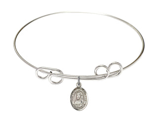 8 inch Round Double Loop Rhodium Bangle Bracelet with a Sterling Silver Our Lady of Loretto charm. Engraved Catholic Saint Jewelry