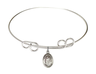 8 inch Round Double Loop Rhodium Bangle Bracelet with a Sterling Silver Saint Patrick charm. Engraved Catholic Saint Jewelry