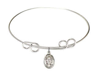 8 inch Round Double Loop Rhodium Bangle Bracelet with a Sterling Silver Saint Raymond Nonnatus charm. Engraved Catholic Saint Jewelry