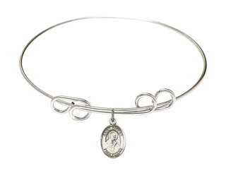 8 inch Round Double Loop Rhodium Bangle Bracelet with a Sterling Silver Saint Robert Bellarmine charm. Engraved Catholic Saint Jewelry