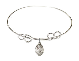 8 inch Round Double Loop Rhodium Bangle Bracelet with a Sterling Silver Saint Theresa charm. Engraved Catholic Saint Jewelry