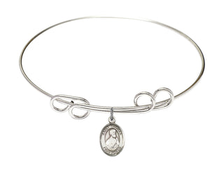 8 inch Round Double Loop Rhodium Bangle Bracelet with a Sterling Silver Saint Thomas the Apostle charm. Engraved Catholic Saint Jewelry