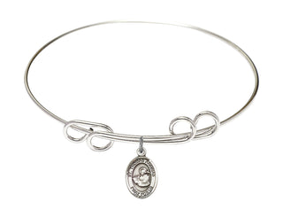 8 inch Round Double Loop Rhodium Bangle Bracelet with a Sterling Silver Saint Thomas Aquinas charm. Engraved Catholic Saint Jewelry