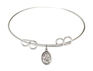 8 inch Round Double Loop Rhodium Bangle Bracelet with a Sterling Silver Lord Is My Shepherd charm. Engraved Catholic Saint Jewelry