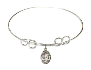 8 inch Round Double Loop Rhodium Bangle Bracelet with a Sterling Silver Saint Walburga charm. Engraved Catholic Saint Jewelry