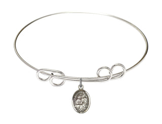 8 inch Round Double Loop Rhodium Bangle Bracelet with a Sterling Silver Sts. Cosmas & Damian charm. Engraved Catholic Saint Jewelry