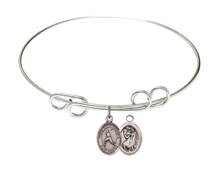 8 inch Round Double Loop Rhodium Bangle Bracelet with a Sterling Silver Saint Christopher/Baseball charm.