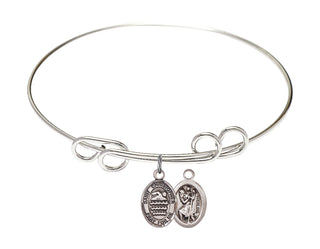 8 inch Round Double Loop Rhodium Bangle Bracelet with a Sterling Silver Saint Christopher/Swimming charm.