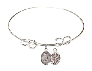 8 inch Round Double Loop Rhodium Bangle Bracelet with a Sterling Silver Saint Sebastian/Skiing charm.
