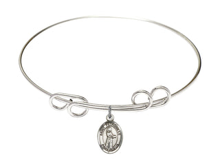 8 inch Round Double Loop Rhodium Bangle Bracelet with a Sterling Silver Saint Petronilla charm. Engraved Catholic Saint Jewelry