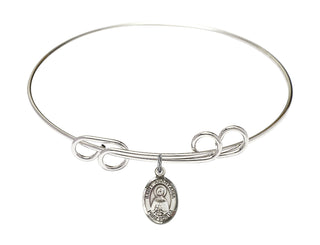 8 inch Round Double Loop Rhodium Bangle Bracelet with a Sterling Silver Saint Anastasia charm. Engraved Catholic Saint Jewelry