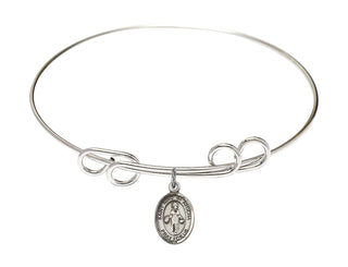 8 inch Round Double Loop Rhodium Bangle Bracelet with a Sterling Silver Saint Nino de Atocha charm. Engraved Catholic Saint Jewelry