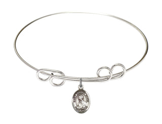 8 inch Round Double Loop Rhodium Bangle Bracelet with a Sterling Silver Saint Dominic Savio charm. Engraved Catholic Saint Jewelry