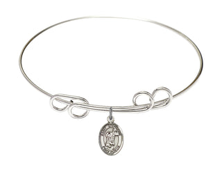 8 inch Round Double Loop Rhodium Bangle Bracelet with a Sterling Silver Saint Stephanie charm. Engraved Catholic Saint Jewelry