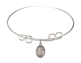 8 inch Round Double Loop Rhodium Bangle Bracelet with a Sterling Silver San Juan de la Cruz charm. Engraved Catholic Saint Jewelry
