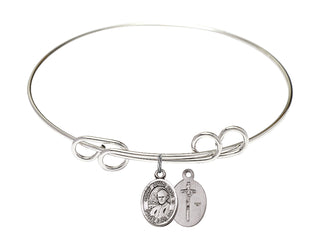 8 inch Round Double Loop Rhodium Bangle Bracelet with a Sterling Silver Saint John Paul II charm.