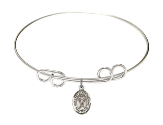 8 inch Round Double Loop Rhodium Bangle Bracelet with a Sterling Silver Our Lady of All Nations charm. Engraved Catholic Saint Jewelry