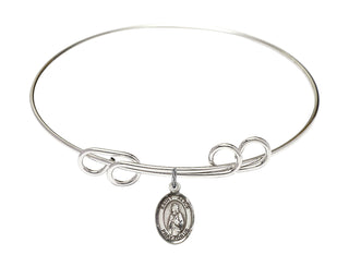 8 inch Round Double Loop Rhodium Bangle Bracelet with a Sterling Silver Saint Alice charm. Engraved Catholic Saint Jewelry