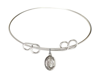 8 inch Round Double Loop Rhodium Bangle Bracelet with a Sterling Silver Saint Aaron charm. Engraved Catholic Saint Jewelry