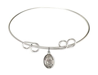 8 inch Round Double Loop Rhodium Bangle Bracelet with a Sterling Silver Saint Christian Demosthenes charm. Engraved Catholic Saint Jewelry