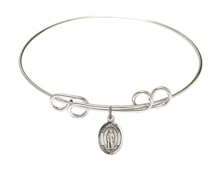 8 inch Round Double Loop Rhodium Bangle Bracelet with a Sterling Silver Saint Samuel charm. Engraved Catholic Saint Jewelry
