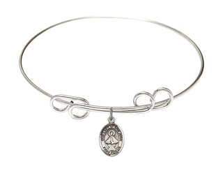 8 inch Round Double Loop Rhodium Bangle Bracelet with a Sterling Silver Our Lady of San Juan charm. Engraved Catholic Saint Jewelry