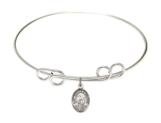 8 inch Round Double Loop Rhodium Bangle Bracelet with a Sterling Silver Saint Bernard of Montjoux charm. Engraved Catholic Saint Jewelry
