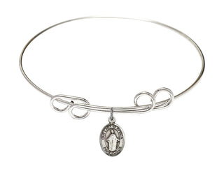 8 inch Round Double Loop Rhodium Bangle Bracelet with a Sterling Silver Our Lady of Africa charm. Engraved Catholic Saint Jewelry