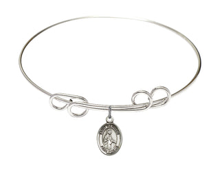 8 inch Round Double Loop Rhodium Bangle Bracelet with a Sterling Silver Saint Remigius of Reims charm. Engraved Catholic Saint Jewelry