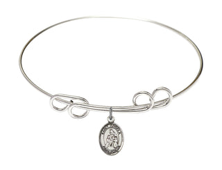 8 inch Round Double Loop Rhodium Bangle Bracelet with a Sterling Silver Saint Angela Merici charm. Engraved Catholic Saint Jewelry
