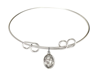 8 inch Round Double Loop Rhodium Bangle Bracelet with a Sterling Silver Our Lady of Lourdes charm. Engraved Catholic Saint Jewelry