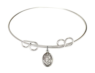 8 inch Round Double Loop Rhodium Bangle Bracelet with a Sterling Silver Our Lady of Mercy charm. Engraved Catholic Saint Jewelry