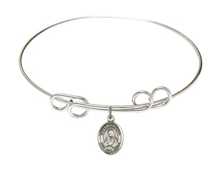 8 inch Round Double Loop Rhodium Bangle Bracelet with a Sterling Silver Mater Dolorosa charm. Engraved Catholic Saint Jewelry