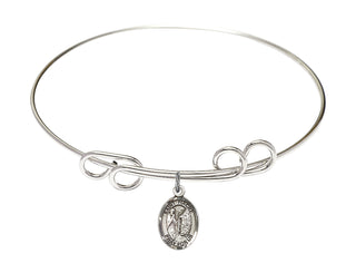 8 inch Round Double Loop Rhodium Bangle Bracelet with a Sterling Silver Saint Fiacre charm. Engraved Catholic Saint Jewelry