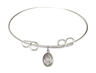 8 inch Round Double Loop Rhodium Bangle Bracelet with a Sterling Silver Our Lady of Olives charm. Engraved Catholic Saint Jewelry