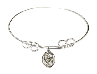 8 inch Round Double Loop Rhodium Bangle Bracelet with a Sterling Silver Saint Meinrad of Einsiedeln charm. Engraved Catholic Saint Jewelry