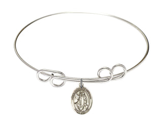 8 inch Round Double Loop Rhodium Bangle Bracelet with a Sterling Silver Saint Anthony of Egypt charm. Engraved Catholic Saint Jewelry