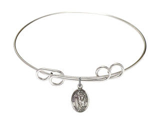 8 inch Round Double Loop Rhodium Bangle Bracelet with a Sterling Silver Saint Paul of the Cross charm. Engraved Catholic Saint Jewelry