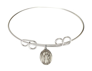 8 inch Round Double Loop Rhodium Bangle Bracelet with a Sterling Silver Saint Wolfgang charm. Engraved Catholic Saint Jewelry