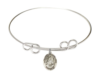 8 inch Round Double Loop Rhodium Bangle Bracelet with a Sterling Silver Saint Edburga of Winchester charm. Engraved Catholic Saint Jewelry