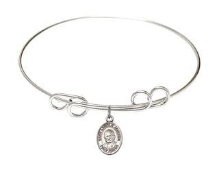8 inch Round Double Loop Rhodium Bangle Bracelet with a Sterling Silver Saint Arnold Janssen charm. Engraved Catholic Saint Jewelry