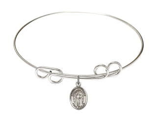 8 inch Round Double Loop Rhodium Bangle Bracelet with a Sterling Silver Saint Matthias the Apostle charm. Engraved Catholic Saint Jewelry