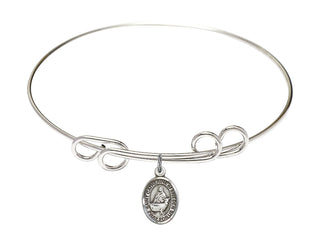 8 inch Round Double Loop Rhodium Bangle Bracelet with a Sterling Silver Saint Catherine of Sweden charm. Engraved Catholic Saint Jewelry