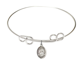 8 inch Round Double Loop Rhodium Bangle Bracelet with a Sterling Silver Immaculate Heart of Mary charm. Engraved Catholic Saint Jewelry