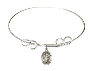 8 inch Round Double Loop Rhodium Bangle Bracelet with a Sterling Silver Saint Clement charm. Engraved Catholic Saint Jewelry